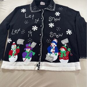 Crystal Kobe Woman‎ Ugly Christmas Sweater Snowman Holiday Cardigan 1X, Beaded